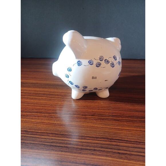 Ceramic Coin Bank Pig "Bill" & 65 Roses Collection Blue & White - Picture 3 of 10